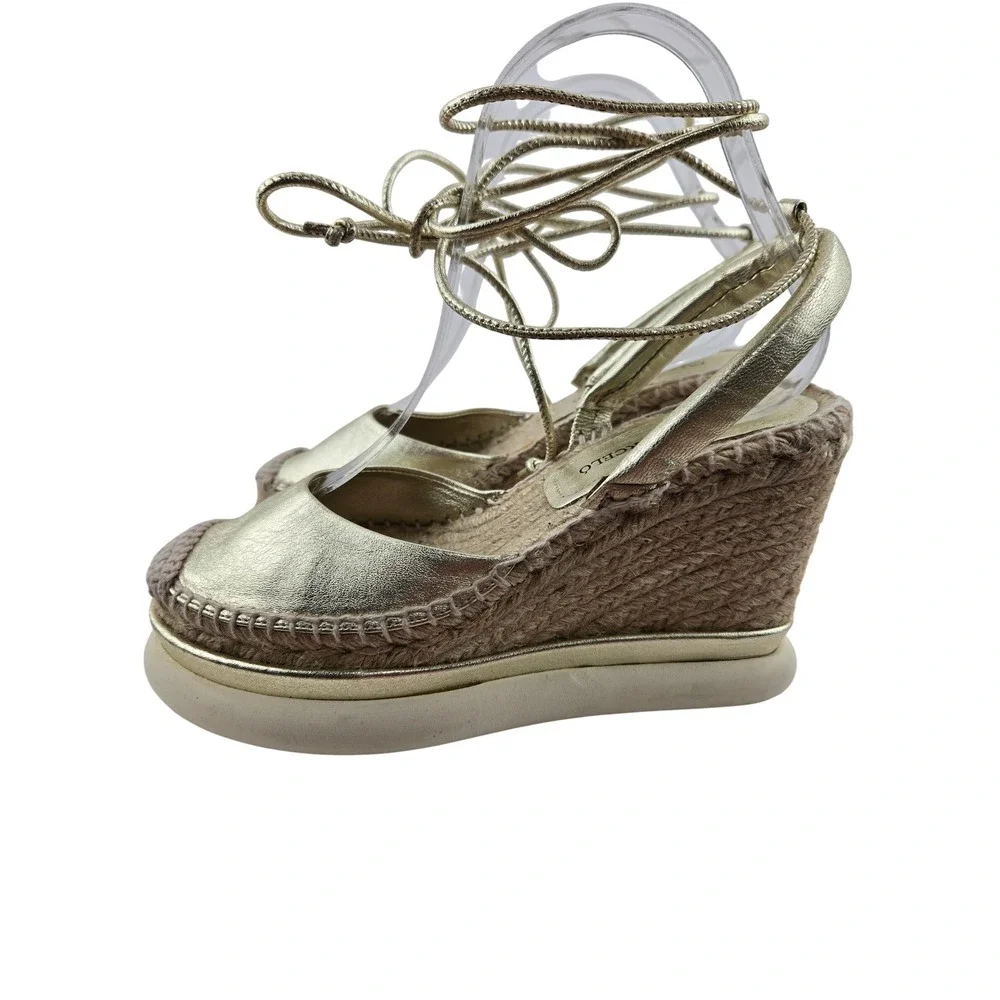 Paloma Barcelo Gold Leather Lace Up Platform Wedge Espadrilles EU 38 US 7.5